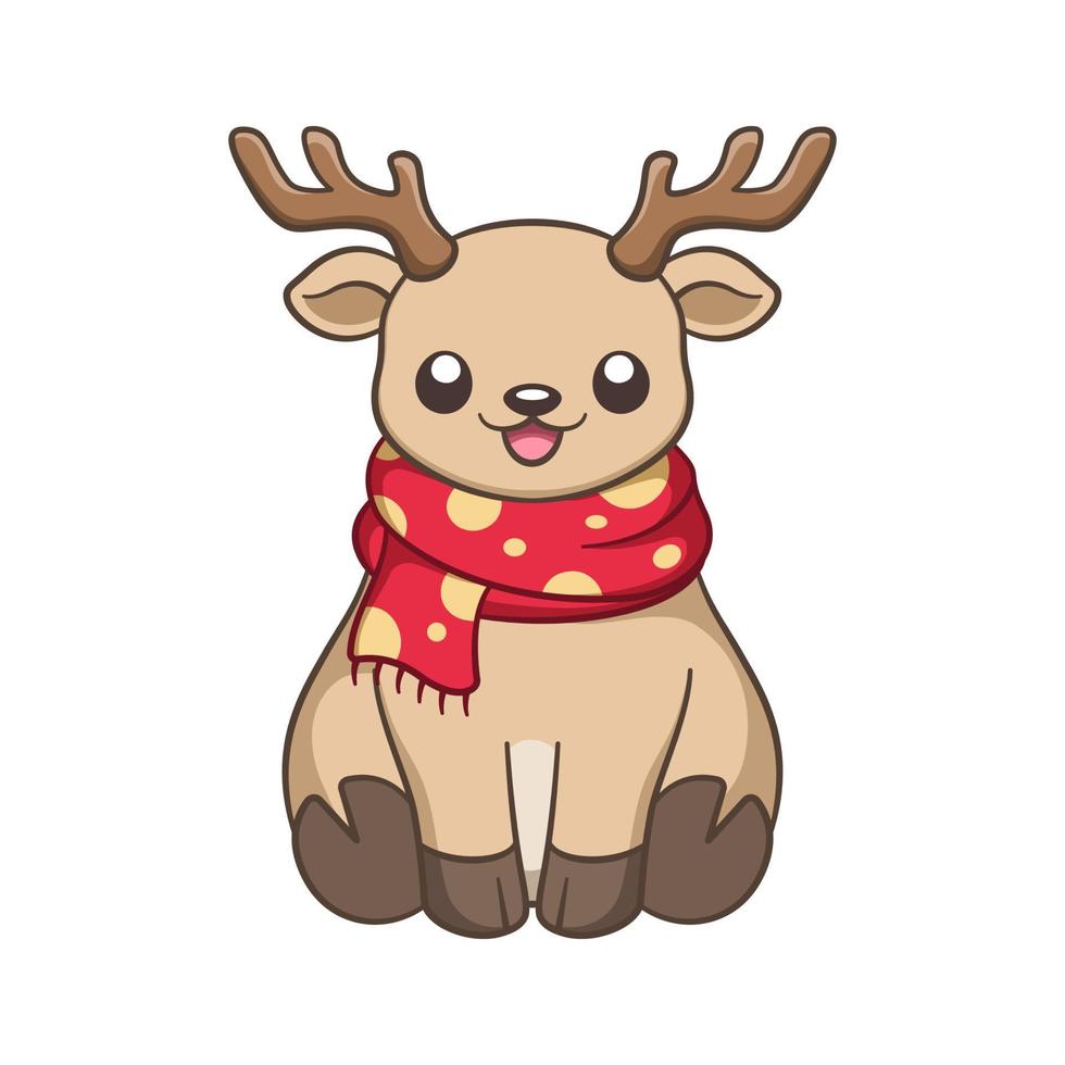 rena feliz bonita vestindo uma ilustração de desenhos animados de cachecol de bolinhas. clipart de tema de natal de inverno. vetor