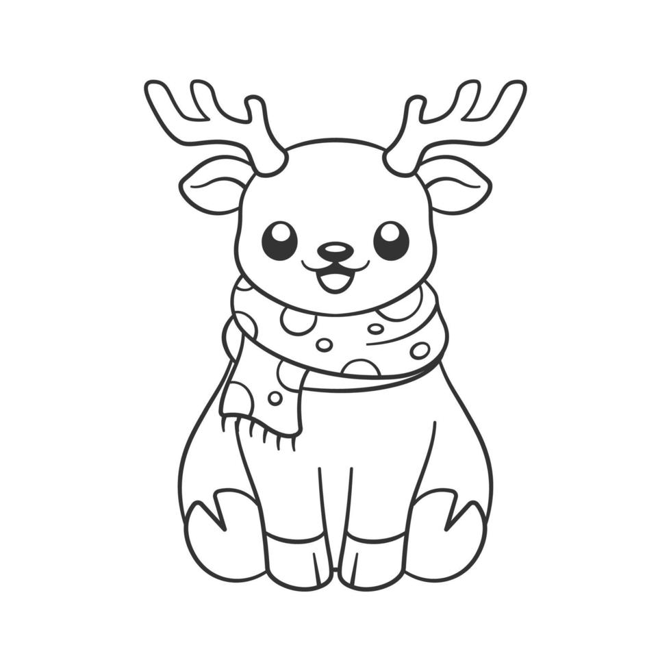 rena bonita vestindo uma ilustração de desenhos animados de doodle de contorno de cachecol de bolinhas. Atividade de página de livro de colorir de tema de natal de inverno para crianças e adultos. vetor