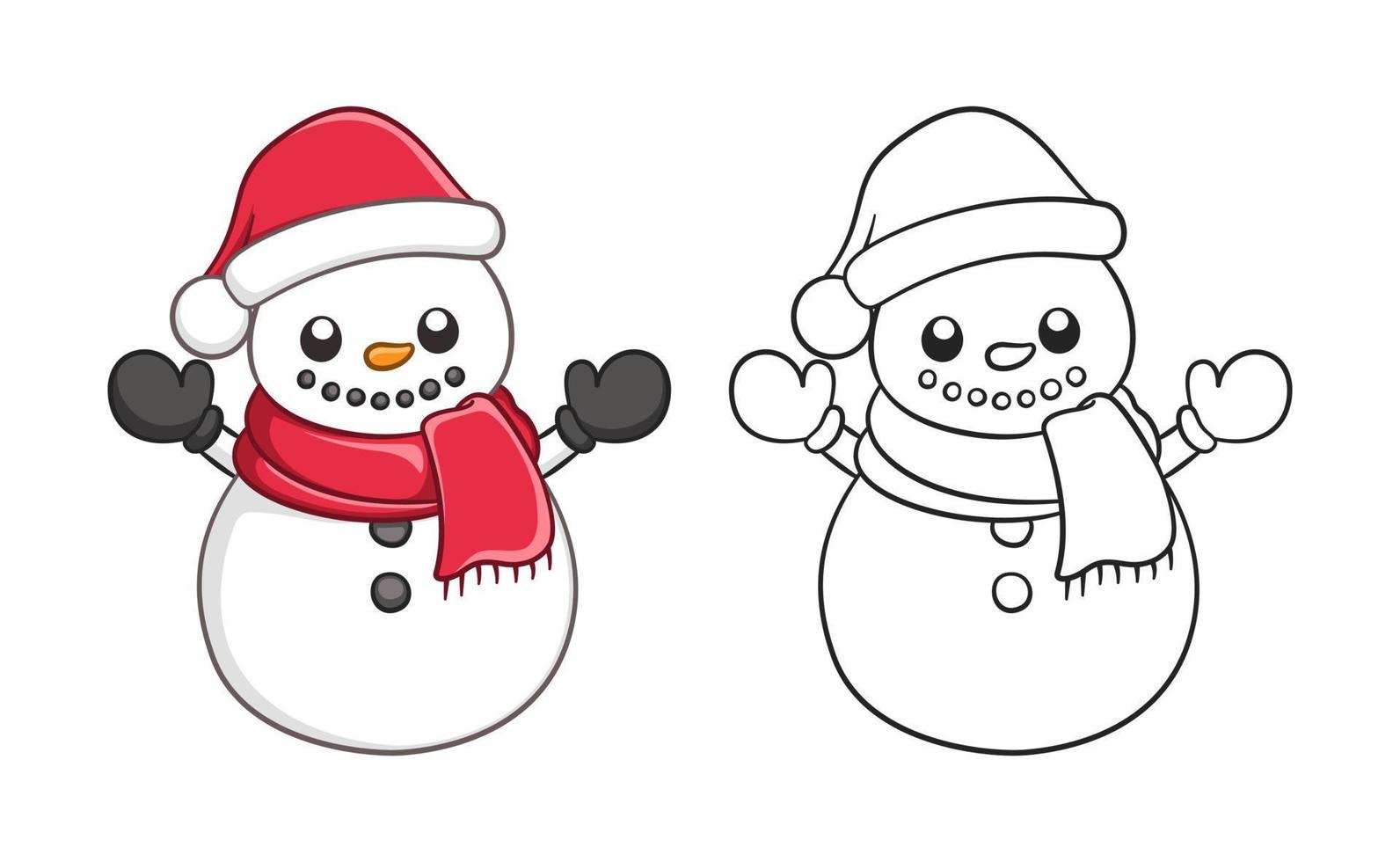 homem de neve bonito usando um contorno de chapéu e cachecol de Papai Noel e conjunto de ilustração de desenhos animados doodle colorido. Atividade de página de livro de colorir de tema de natal de inverno para crianças e adultos. vetor