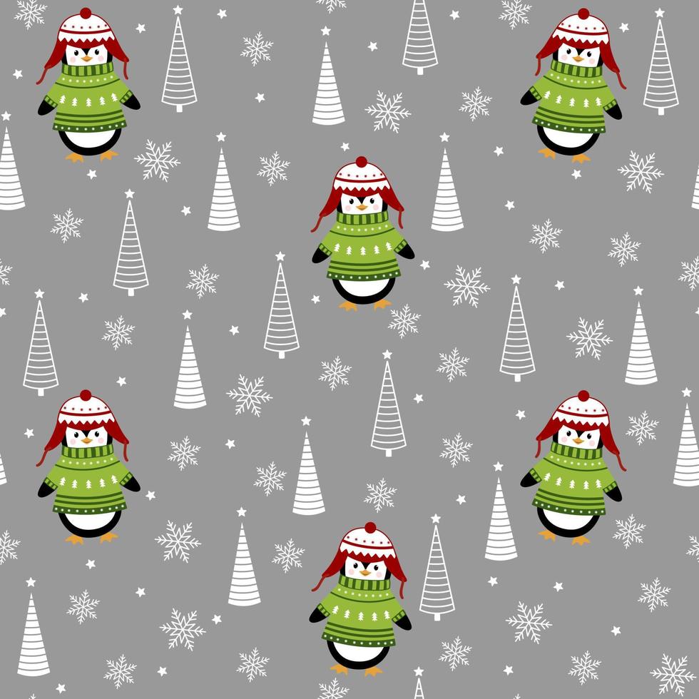 padrão sem emenda de vetor de Natal com pinguins bonitinhos em fundo cinza. papel de embrulho de natal para crianças