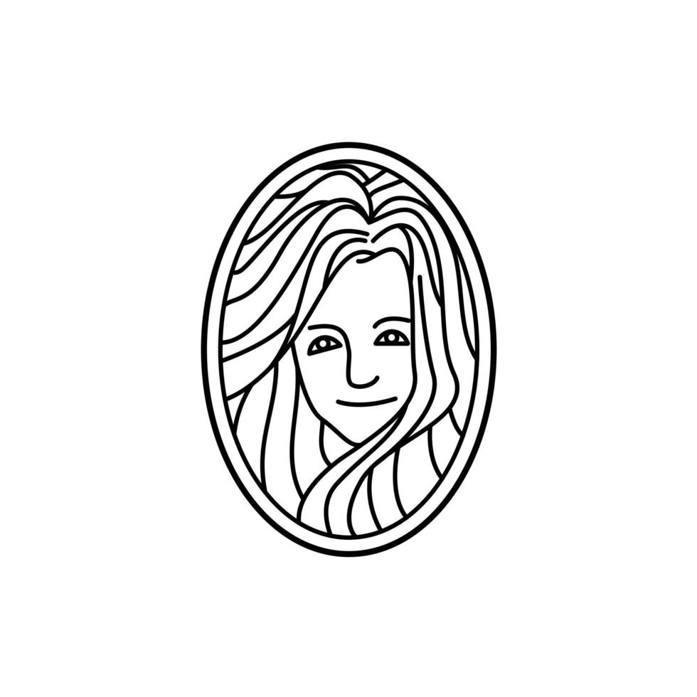 sorriso de cabelo comprido de menina de beleza no design de logotipo de contorno de arte de linha de forma oval vetor