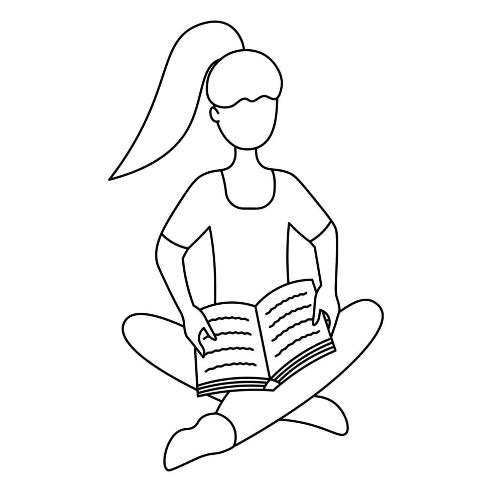 a menina senta-se na posição de lótus e lê um livro. retrato falado. ilustração vetorial. o aluno está segurando um livro no colo. livro de colorir para crianças. estilo doodle. vetor