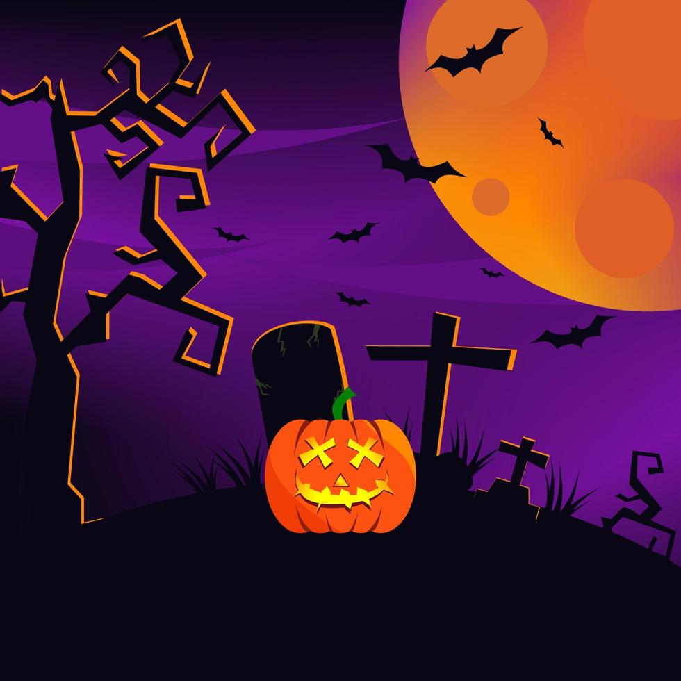 fundo de vetor roxo assustador de halloween. ilustração de um cemitério assustador à noite. lua de horror, morcegos, abóboras assustadoras e silhuetas no fundo