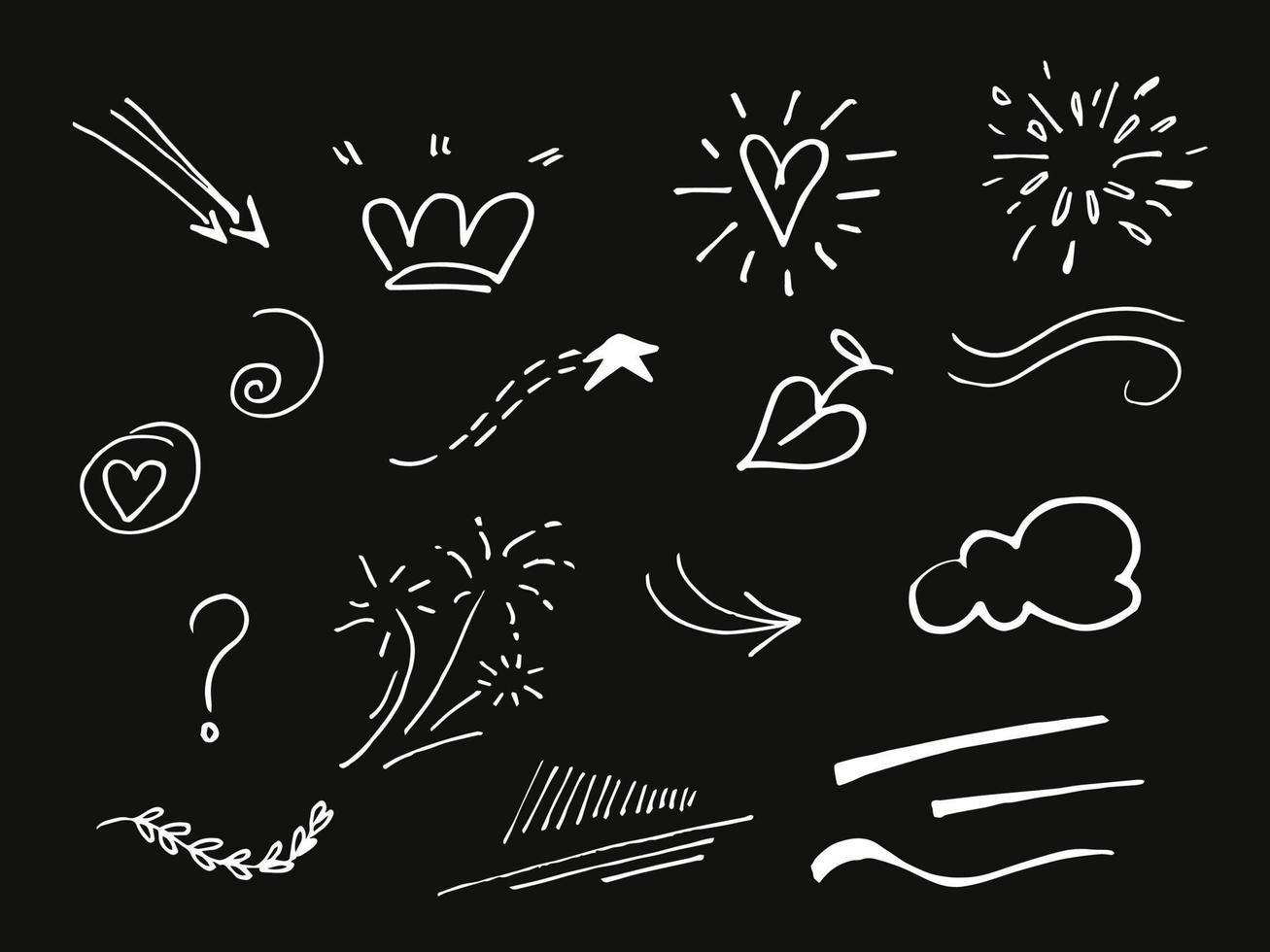 coleção de doodle de vetor de elemento de design. swishes encaracolados, swoops, redemoinho, seta, coração, amor, coroa, flor, estrela, fogo de artifício, destaque de texto e elemento de ênfase. usar para design de conceito