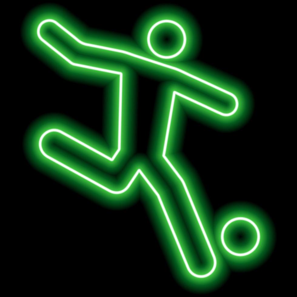 contorno verde neon de um jogador de futebol com bola em fundo preto vetor