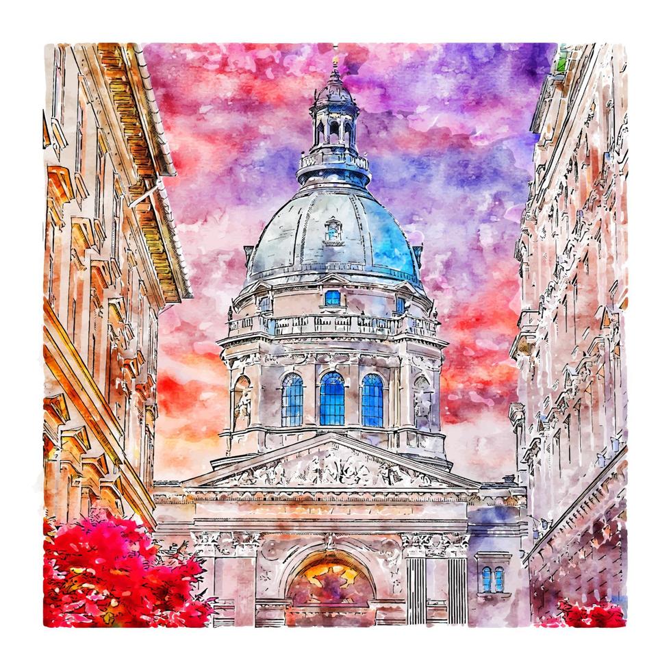 rua basílica de estevão húngaro esboço em aquarela ilustração desenhada à mão vetor