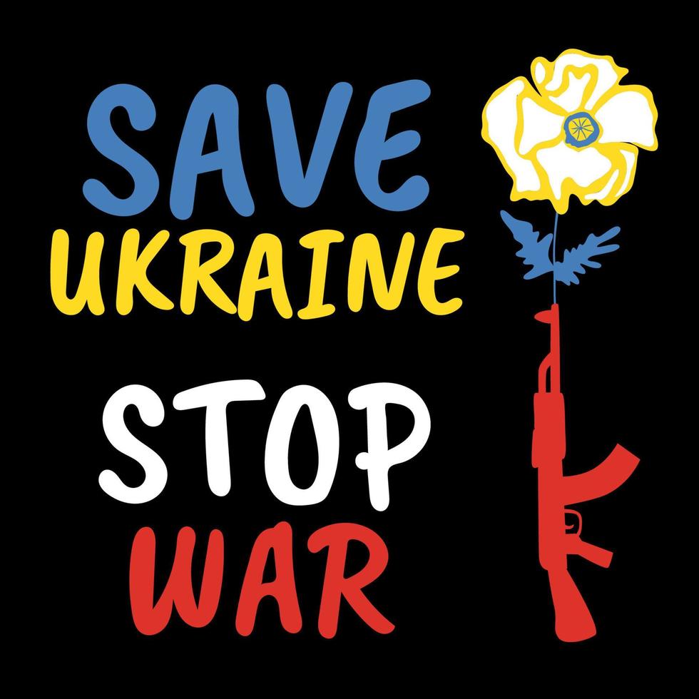 pare o conceito de guerra com flor branca de shirley no focinho de arma automática, salve o texto da guerra de parada da ucrânia, banner pacifista com metralhadora e ilustração vetorial de símbolo de paz vetor
