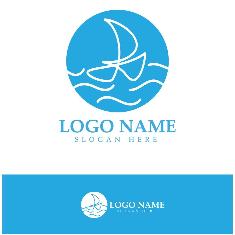 barco de dhow de veleiro simples no design de logotipo de estilo de arte de ondas oceânicas do mar, cruzeiros diários, viagens marítimas, ilustração de ícone vetorial vetor