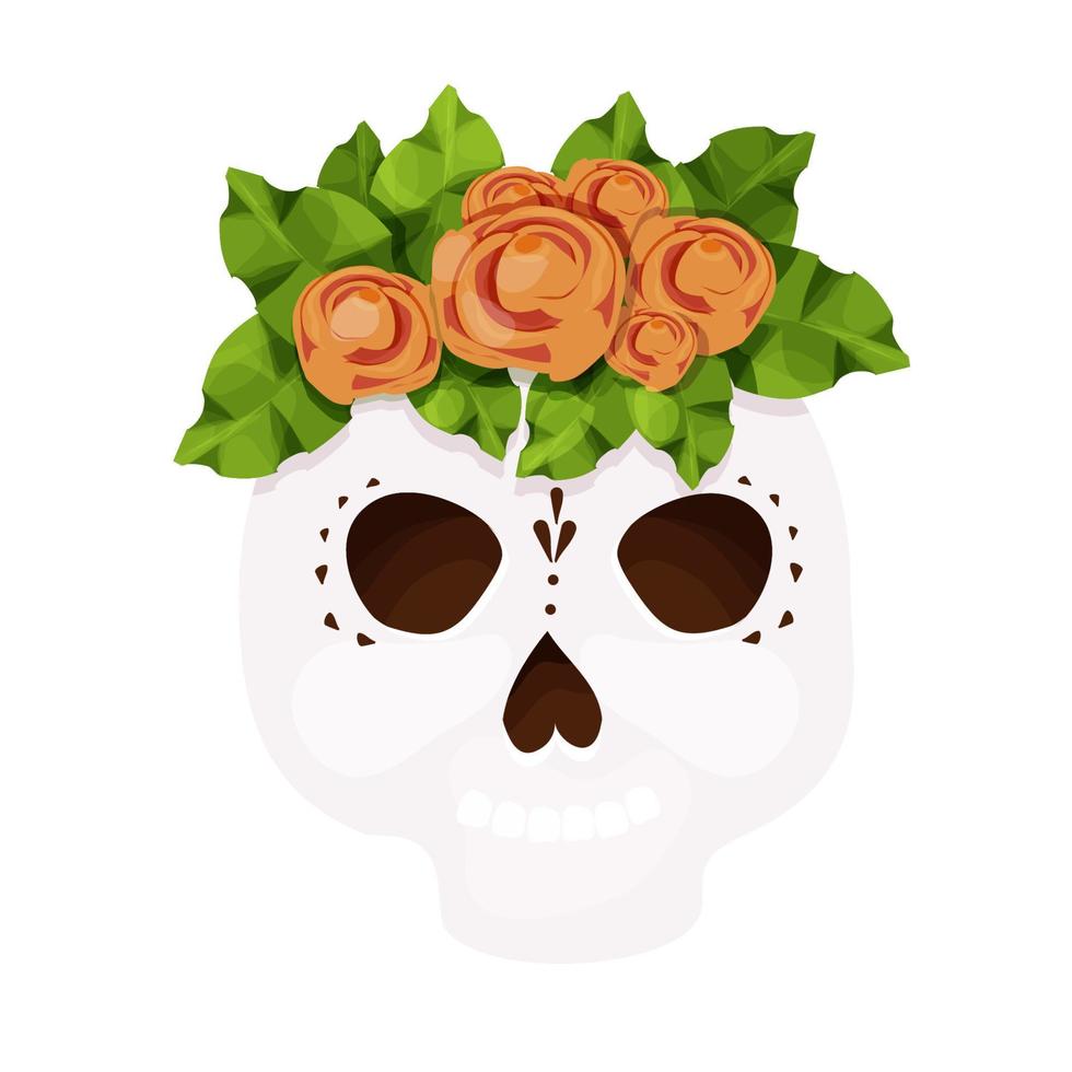 dia morto, crânio decorado com flores tradicionais, máscara, celebração de halloween em estilo cartoon, isolado no fundo branco. ilustração vetorial vetor