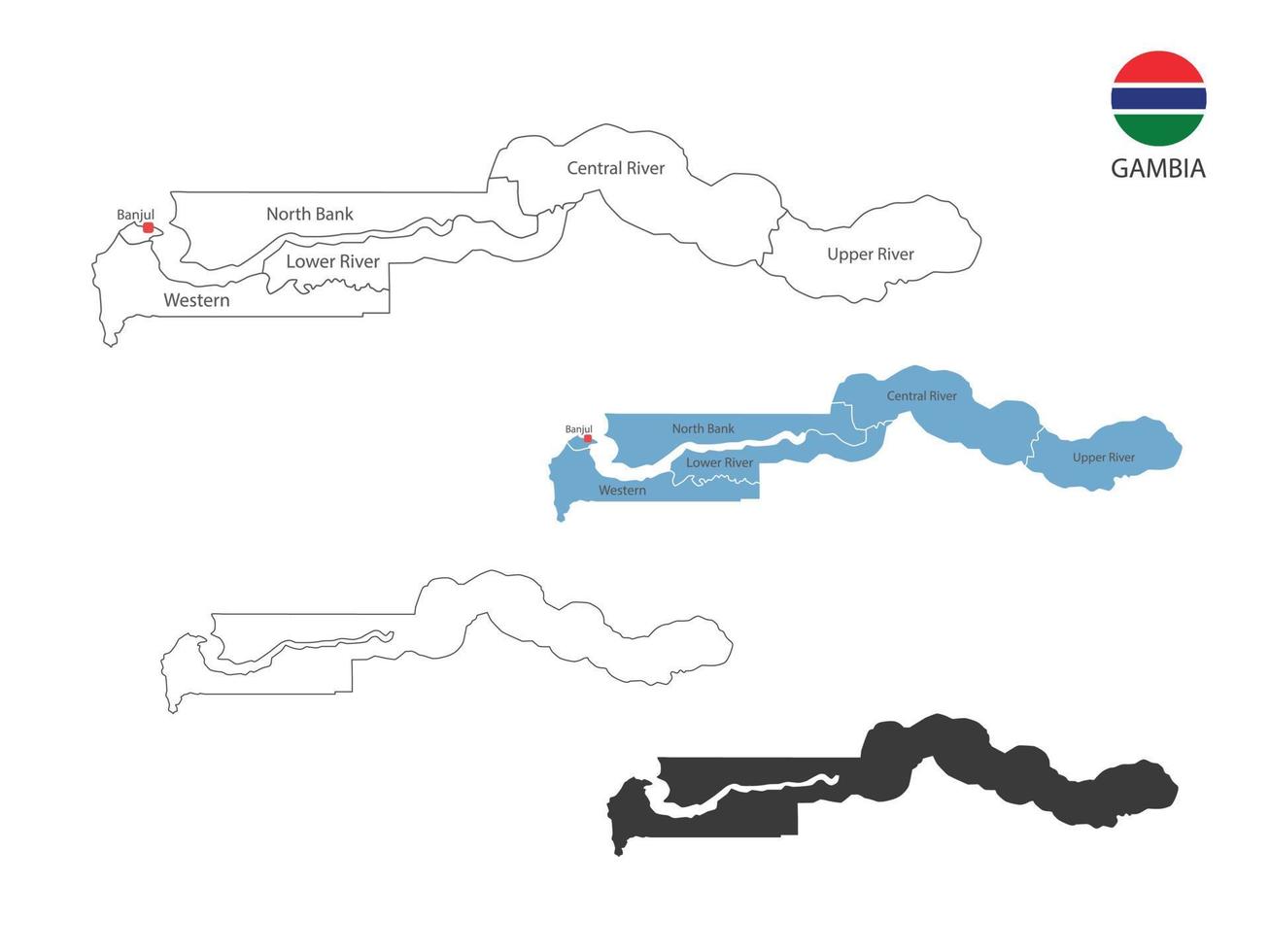 4 estilo de ilustração vetorial de mapa de gâmbia têm todas as províncias e marcam a capital da gâmbia. pelo estilo de simplicidade de contorno preto fino e estilo de sombra escura. isolado no fundo branco. vetor