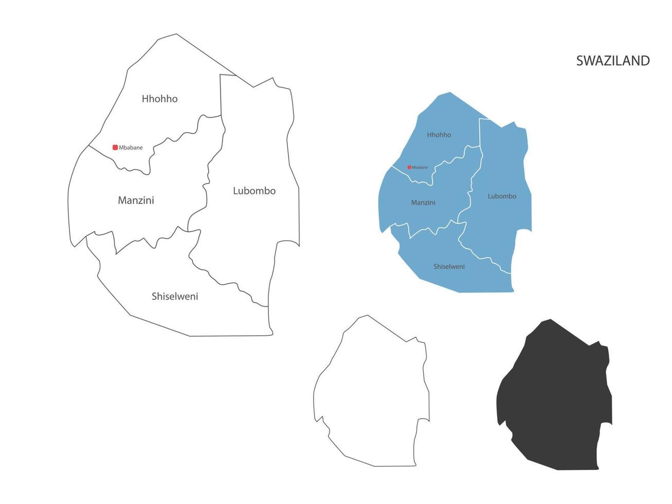 4 estilo de ilustração vetorial de mapa da suazilândia têm todas as províncias e marcam a capital da suazilândia. pelo estilo de simplicidade de contorno preto fino e estilo de sombra escura. isolado no fundo branco. vetor