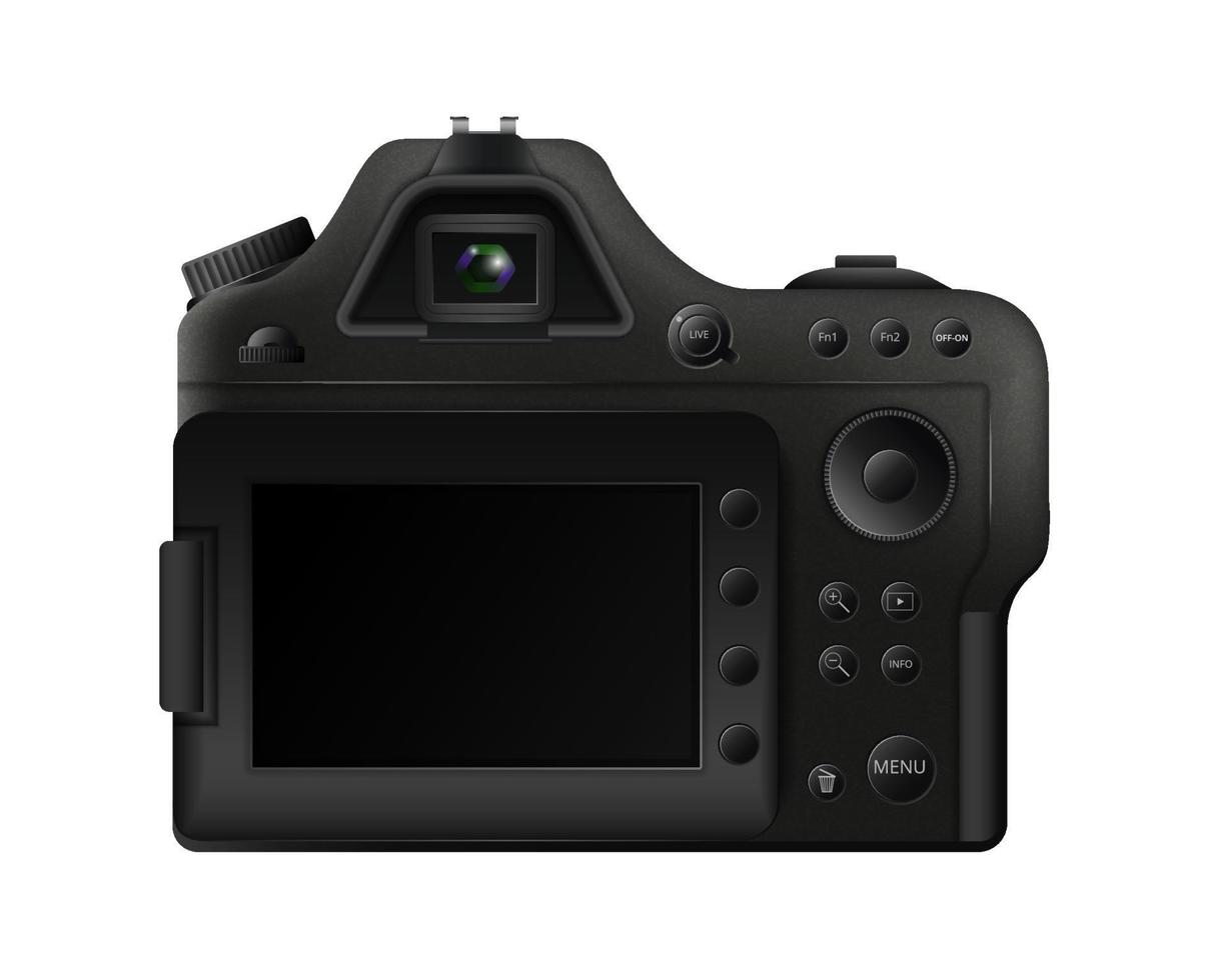 modelo de câmera digital preta. gadget profissional com interface de configurações de botão vetor