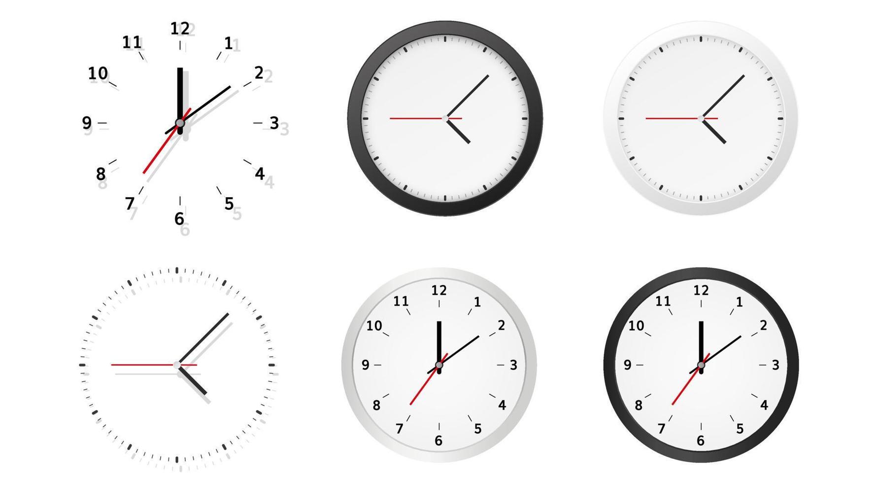 coleção de mostradores de relógio analógico redondo com ponteiros de horas, minutos e segundos isolados no fundo branco. indicação do tempo. ilustração vetorial realista moderna. vetor