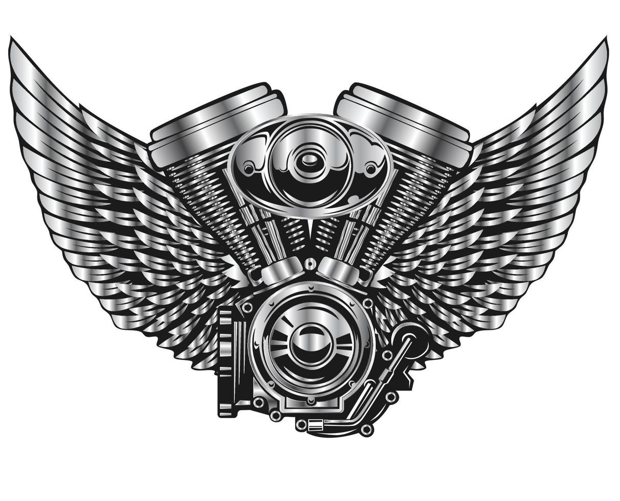 logotipo de motor de motocicleta vintage cromado com asas de anjo vetor