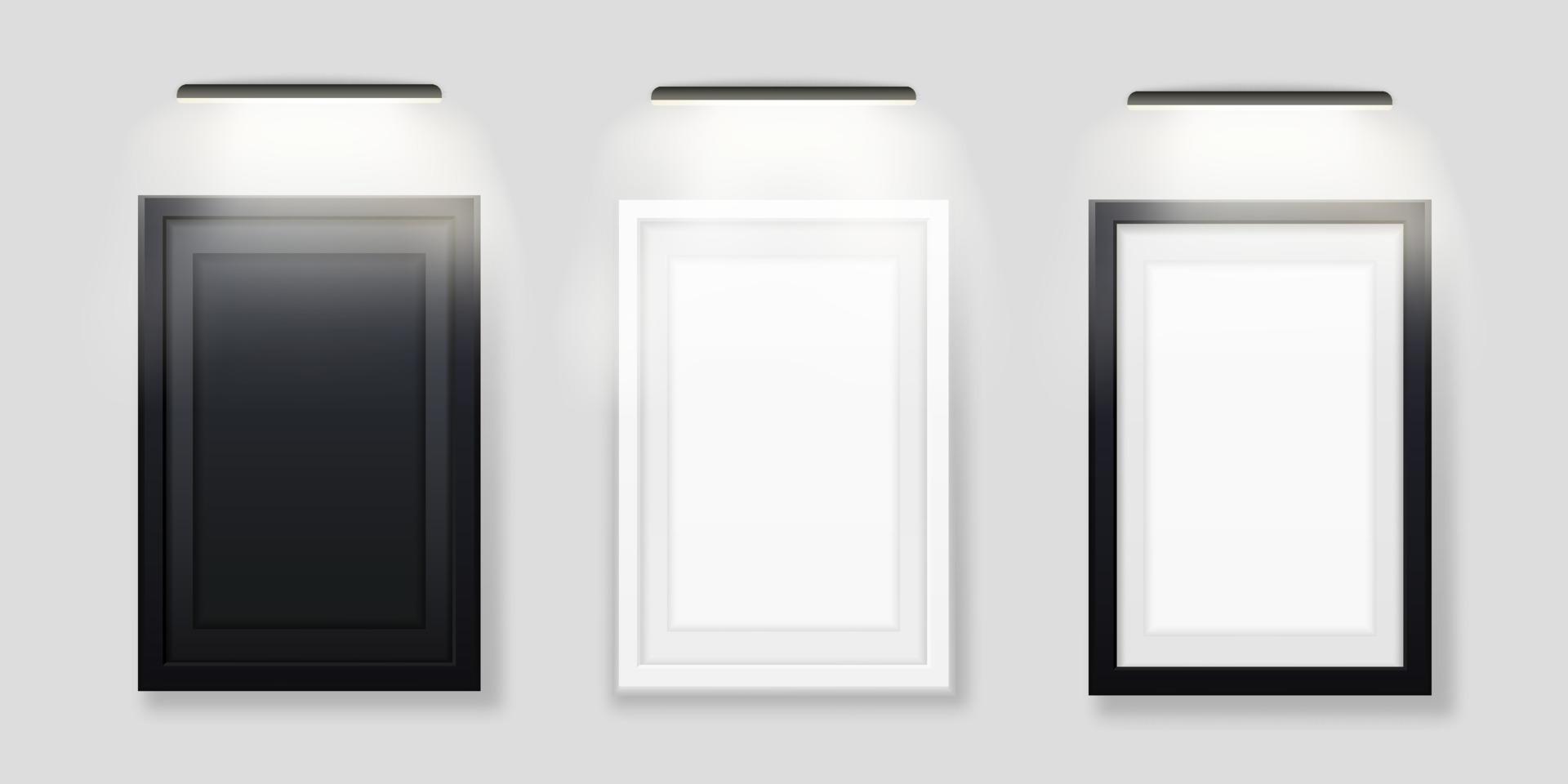 molduras para fotos com modelo retroiluminado led. imagem em branco preto e branco com lâmpada iluminada de cima vetor