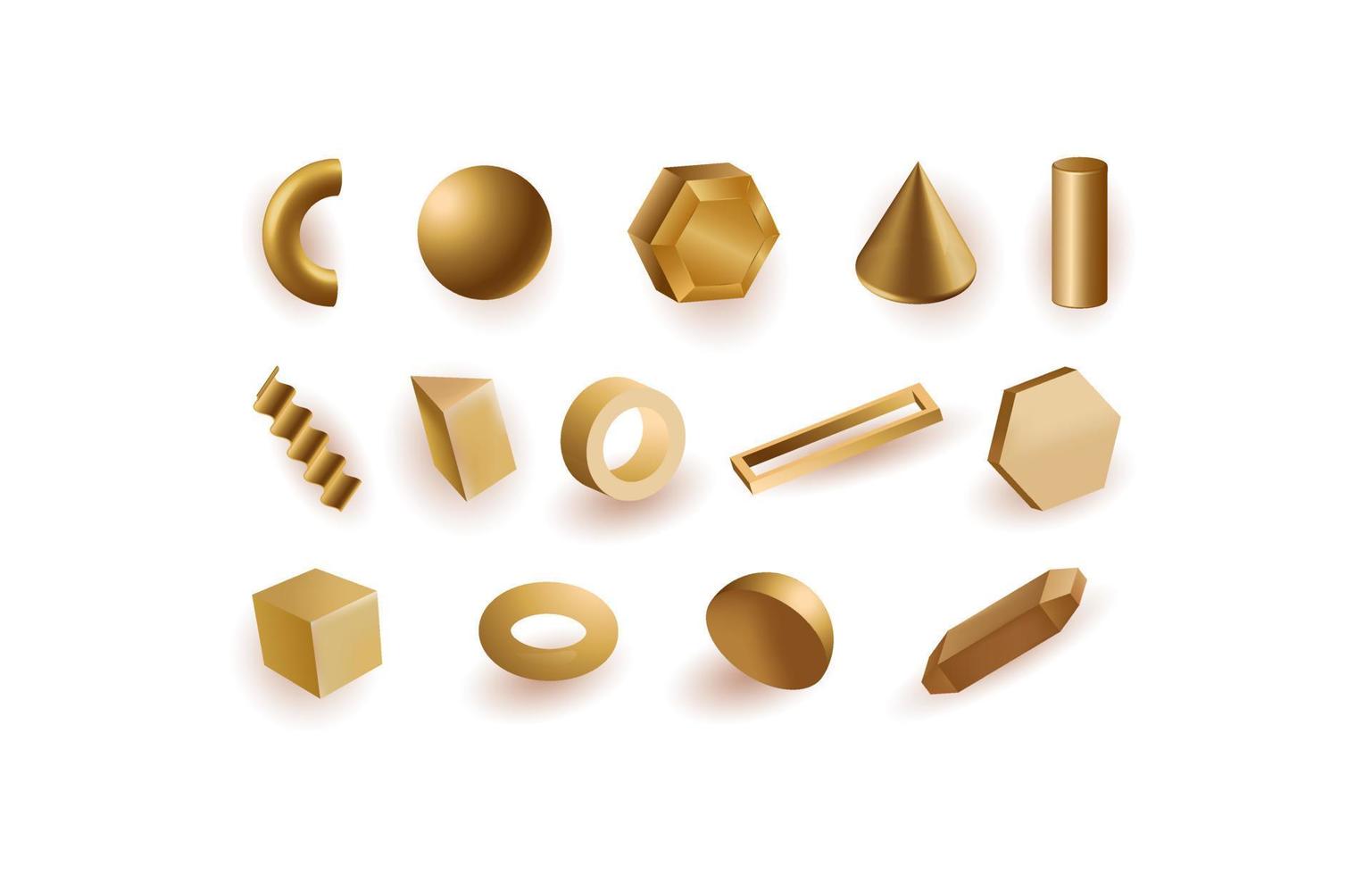 conjunto de formas geométricas de ouro. bolas quadradas com semicírculos e com listras metálicas e molduras retangulares. vetor