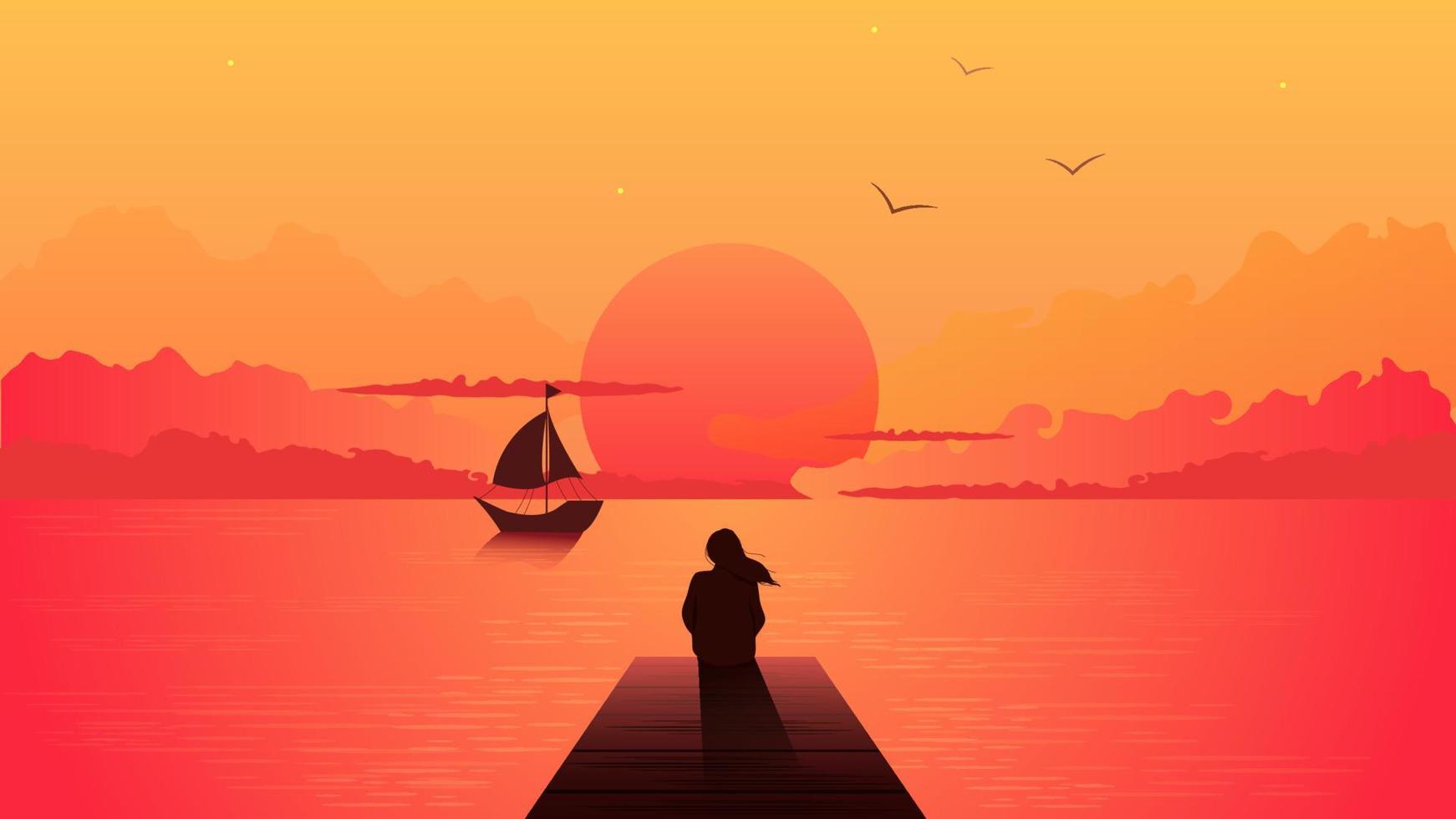 silhueta de mulher solitária no pôr do sol. menina sonhadora sozinha olhando para o pôr do sol laranja com um navio à vela entre nuvens no mar cais ilustração pessoa solidão vetor pensativo depressão.