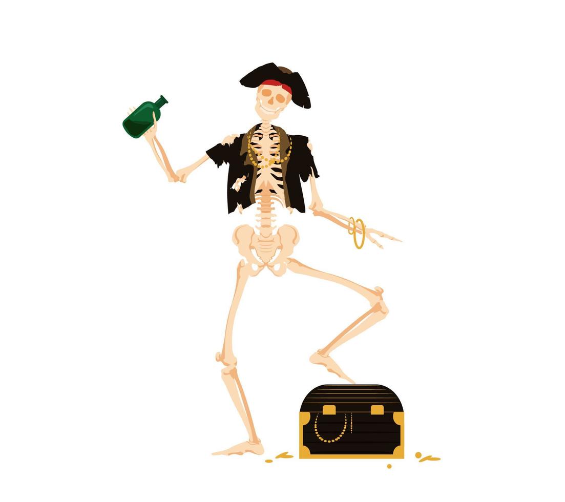 esqueleto de pirata dançando no baú do tesouro. corsário morto em roupas deterioradas com garrafa de rum fica feliz em ouro vetor saqueado.