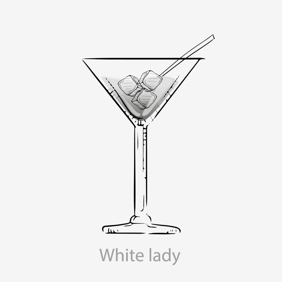 coquetel de senhora branca. coquetel branco cubos de gelo canudos long drink álcool gin cointreau licor suco de limão, servido em copo de vetor de martini, categoria inesquecível.