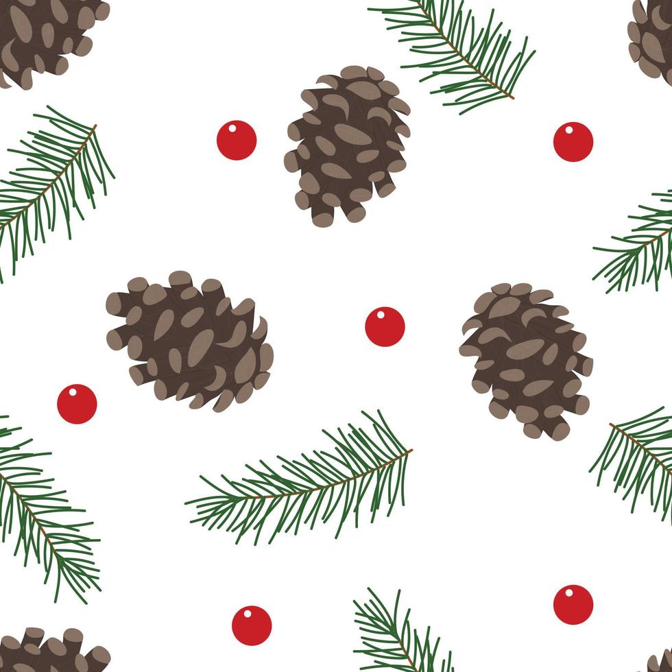 padrão de natal sem costura com pinha de cone de abeto e frutas vermelhas. ramo de abeto. ilustração vetorial vetor