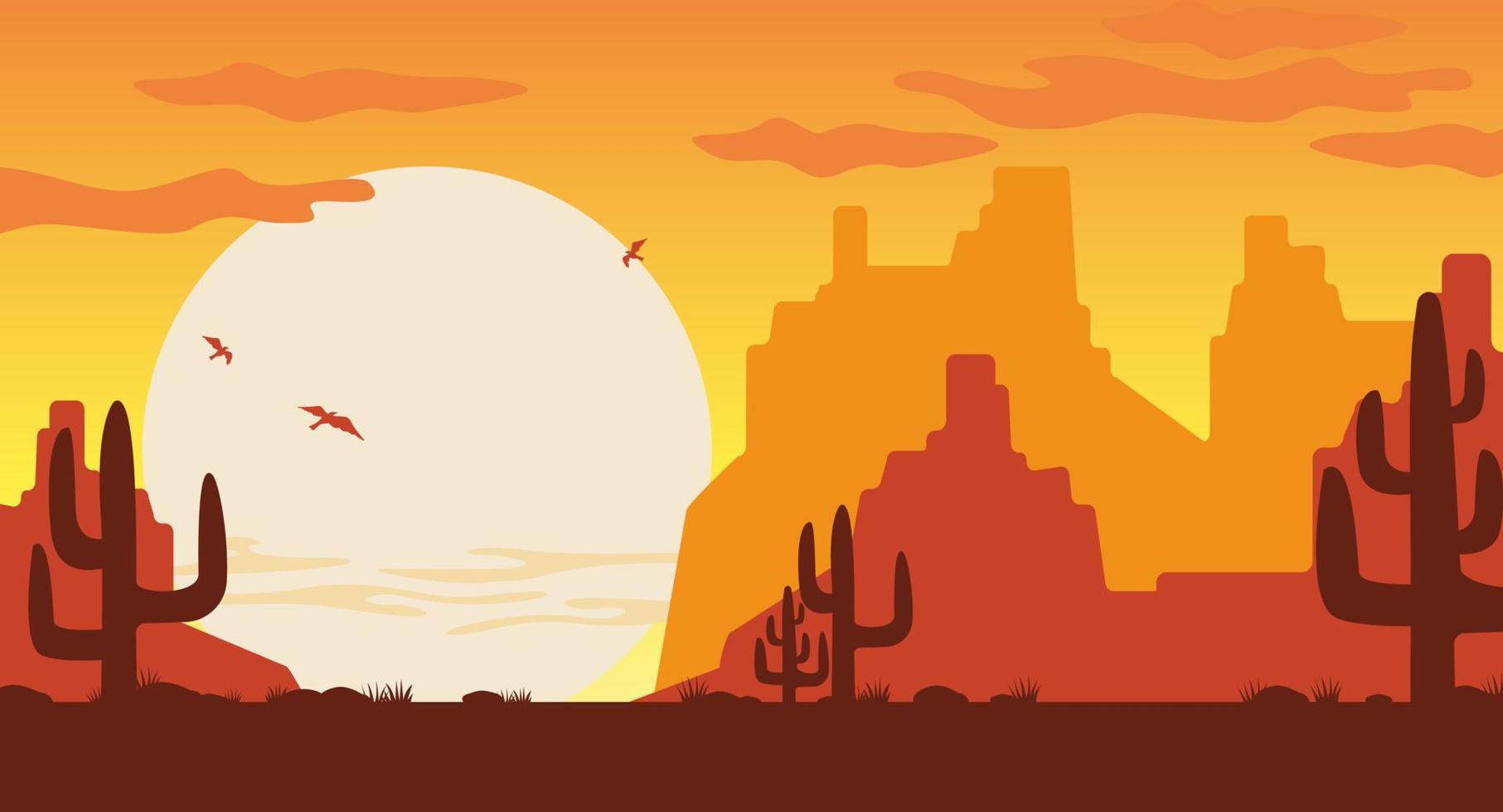 oeste selvagem na ilustração do pôr do sol. silhuetas laranja de cactos marrons das montanhas do arizona. vetor