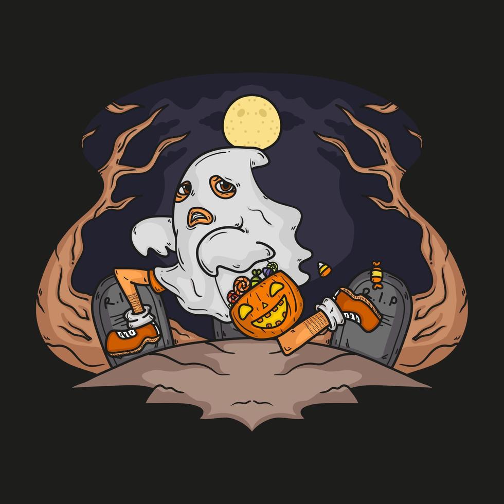 fantasma de halloween correndo na ilustração vetorial de cemitério vetor