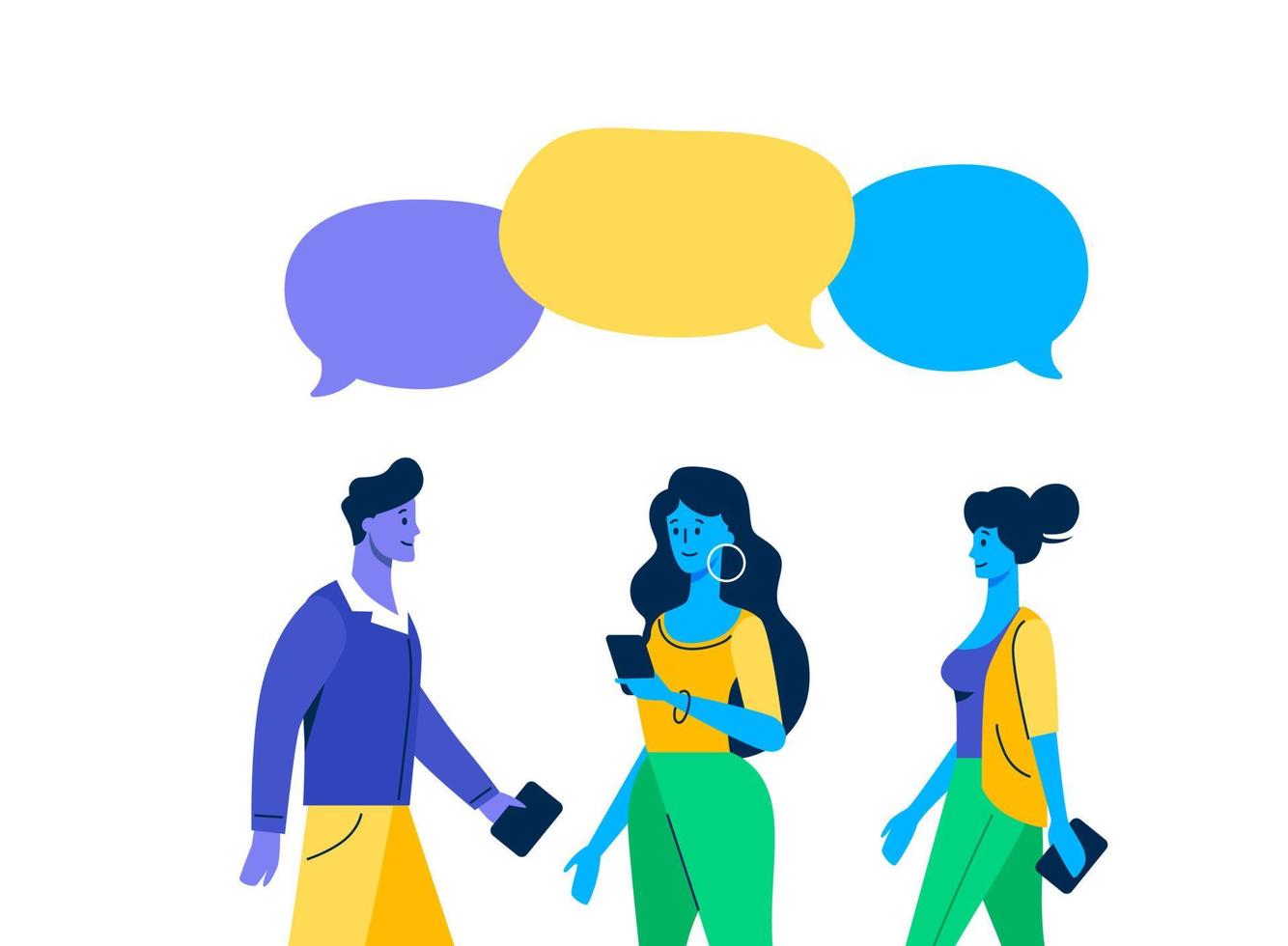 conhecer amigos familiares conversar diálogo bolha discurso. três jovens e um desenho de meninas on-line discutem alegremente a bolha de fala de cores de bate-papo on-line do vetor de reunião.
