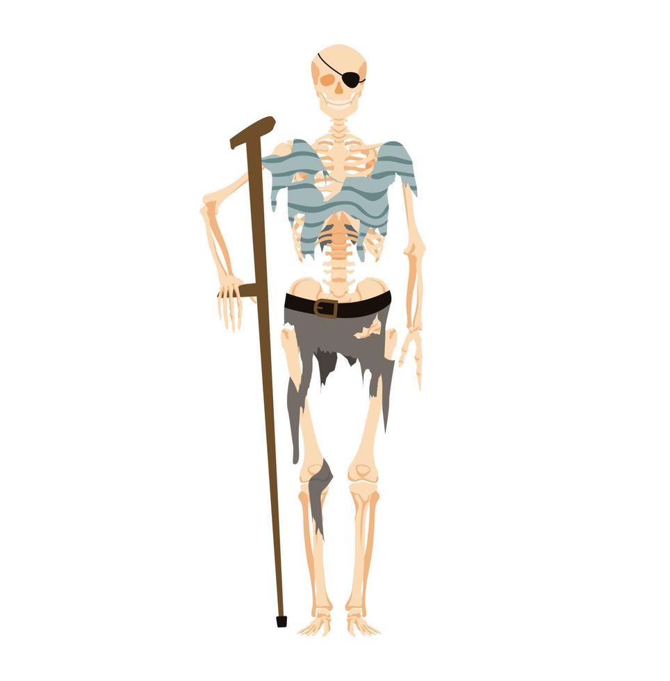 pirata esqueleto com muleta. guerreiro corsário morto com ferimentos de combate e tapa-olho fica encostado no bastão de vetor longo.