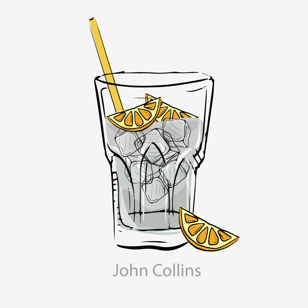 coquetel john collins. cubos de gelo coquetel branco fatia de limão com canudo, o dia todo à base de álcool gin suco de limão xarope de açúcar servido na categoria de gelo highball de vidro vetorial inesquecível. vetor