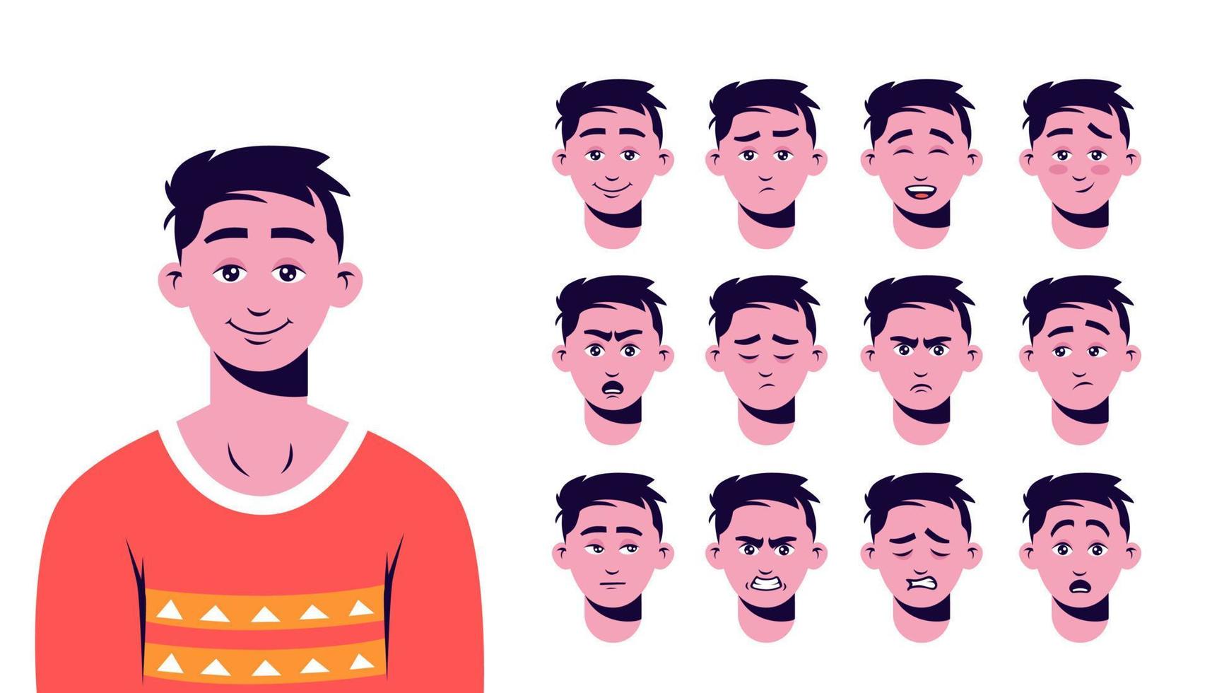 construtor de personagem masculino de desenho animado com emoções de rosto diferentes isoladas no fundo branco vetor