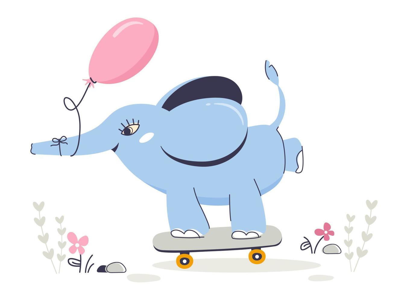 um fabuloso bebê elefante com um balão anda de skate. cartão de feliz aniversário vetor