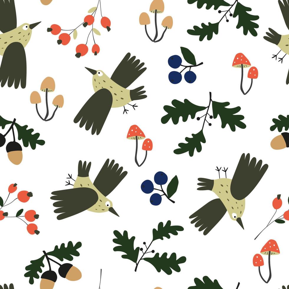padrão de outono sem costura com pássaros de tordo, bagas e cogumelos isolados em um fundo branco. impressão gráfica de outono. vetor