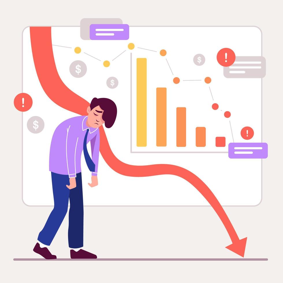empresário de desenho animado infeliz falido ao cair no fundo do gráfico do gráfico de setas econômicas vetor