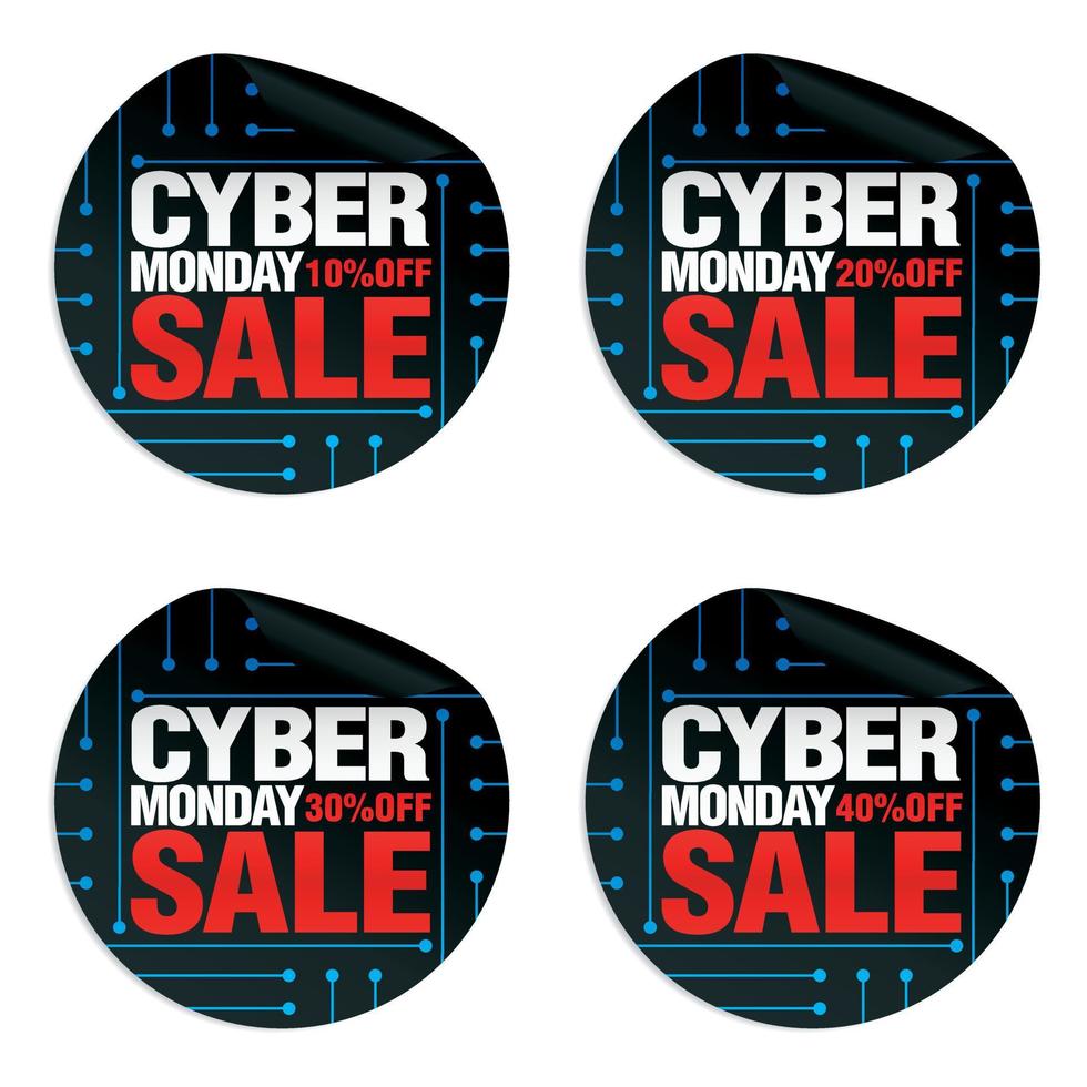 conjunto de adesivos de venda cyber segunda-feira 10, 20, 30, 40 off vetor