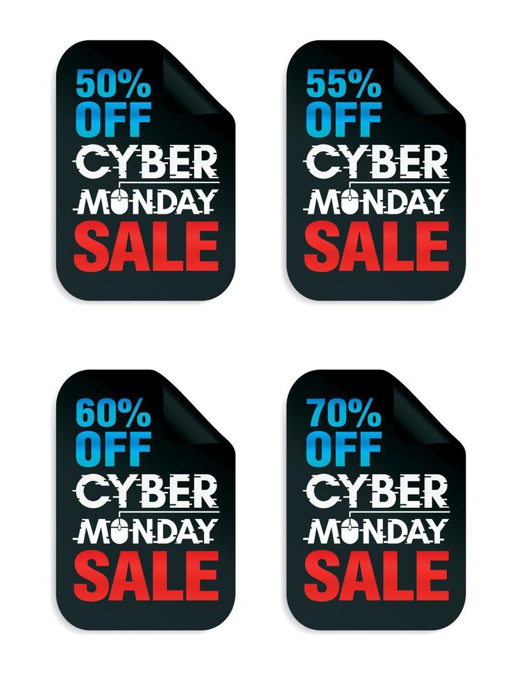 conjunto de adesivos de venda cyber segunda-feira. venda cyber segunda-feira 50, 55, 60, 70 de desconto vetor