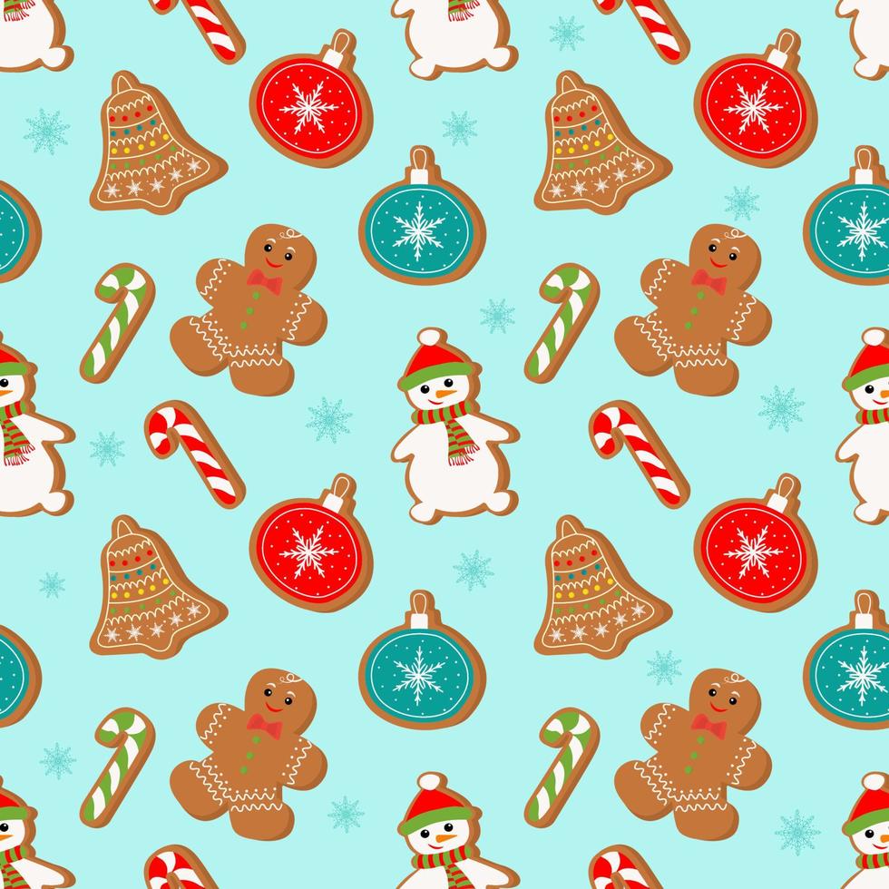 padrão sem emenda de vetor com pão de gengibre e biscoitos em um fundo azul. padrão de natal de inverno. símbolos de um feliz ano novo e natal. decoração para casa, papel de embrulho, capas, tecidos.