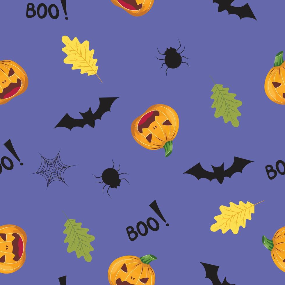 padrão de halloween sem costura com uma abóbora esculpida, aranha, morcegos e folhas de carvalho em fundo roxo. vetor