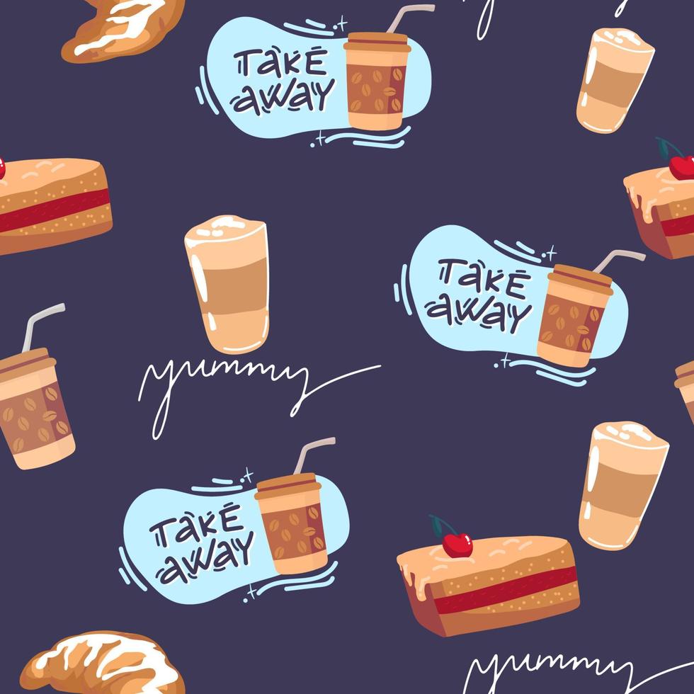 padrão sem emenda de vetor com xícara de café, letras e grãos. tirar linda estampa em tons pastel. fundo para têxteis, roupas, cafeterias, café e decoração. ilustração fofa