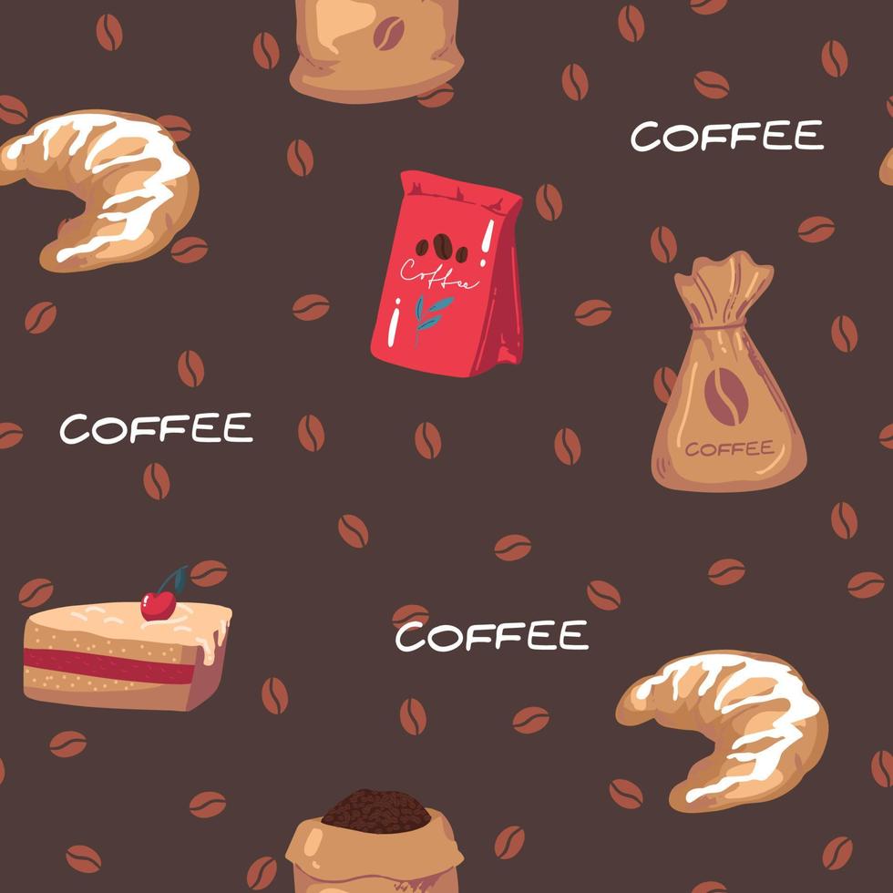 padrão perfeito de design de coleção de vetores com xícaras de café doce desenhadas à mão e sobremesas