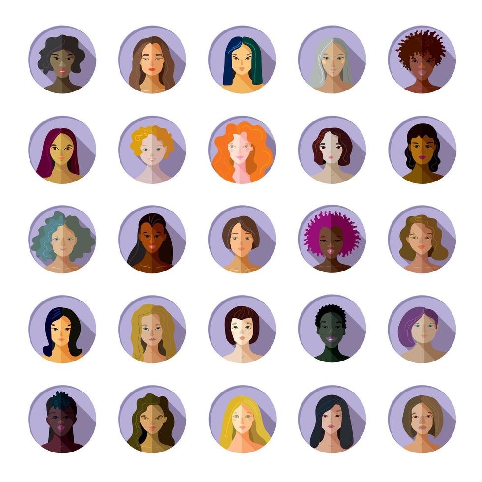 retratos de mulheres na forma de avatares de várias nacionalidades, cor de pele e cabelo. definir vetor