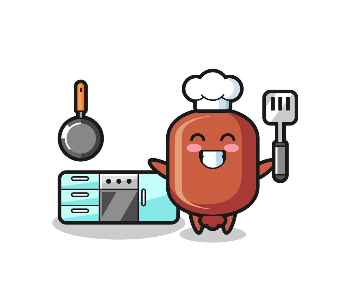 ilustração de personagem de salsicha como chef está cozinhando vetor