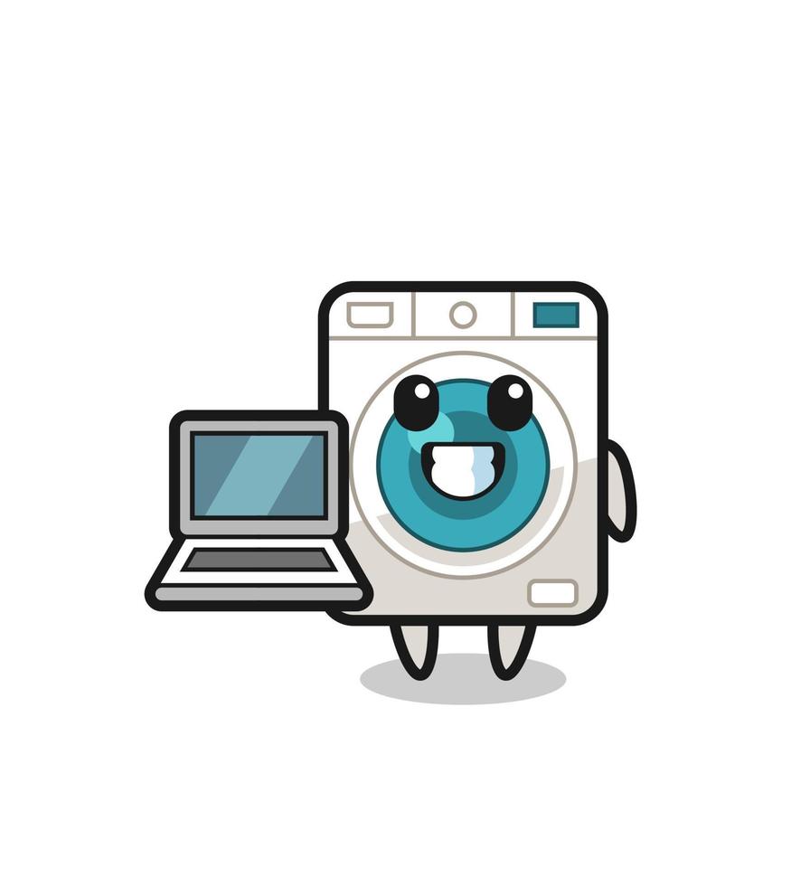 ilustração de mascote de máquina de lavar com um laptop vetor