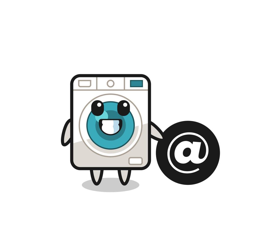 ilustração dos desenhos animados da máquina de lavar em pé ao lado do símbolo at vetor