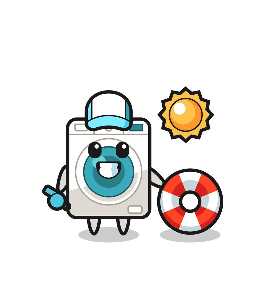 mascote dos desenhos animados da máquina de lavar como guarda de praia vetor
