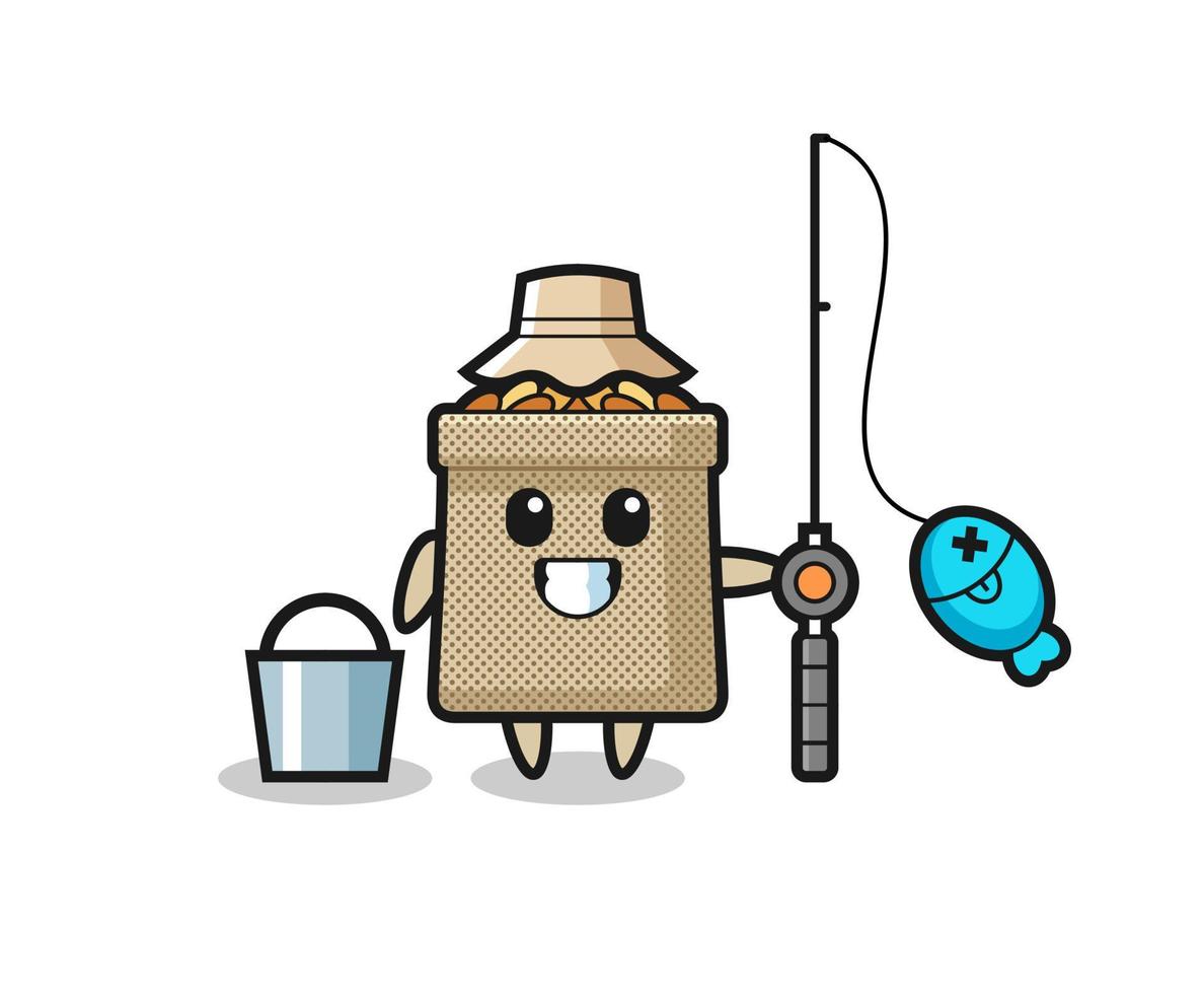 personagem mascote do saco de trigo como pescador vetor