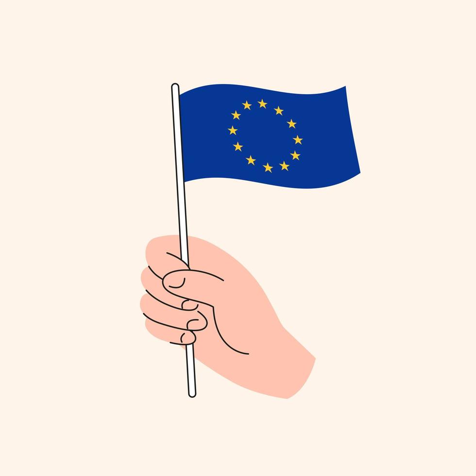 mão dos desenhos animados segurando a bandeira da ue. a bandeira da União Europeia, ilustração do conceito. vetor de design plano isolado.