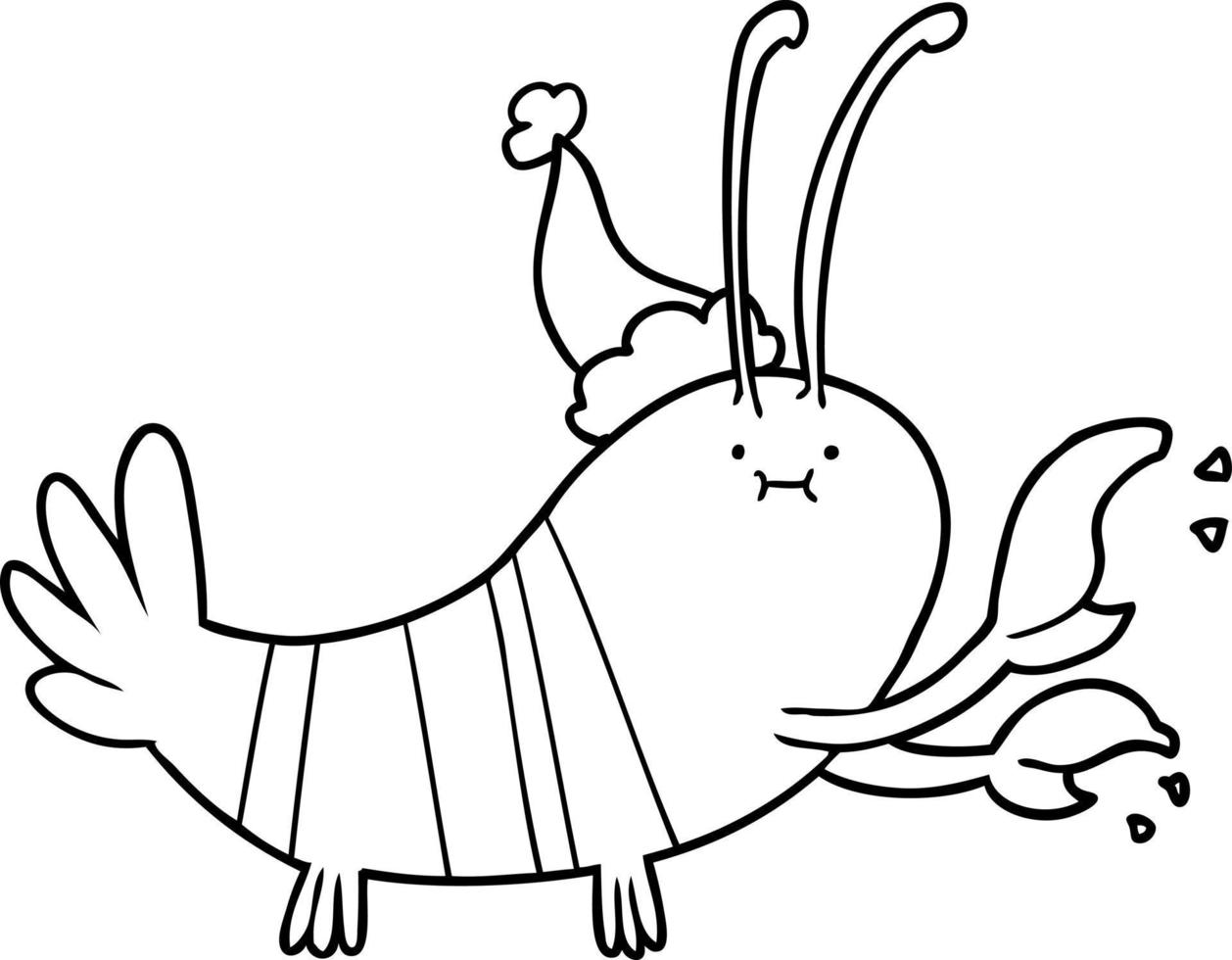 desenho de linha de uma lagosta usando chapéu de papai noel vetor