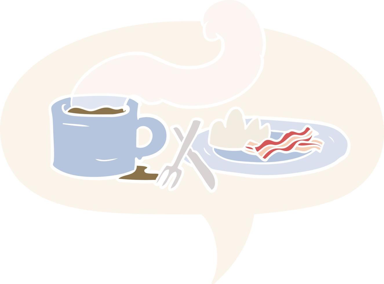 café da manhã dos desenhos animados de café e bacon e bolha de fala em estilo retrô vetor