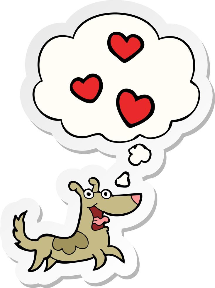 cão de desenho animado com corações de amor e balão de pensamento como um adesivo impresso vetor