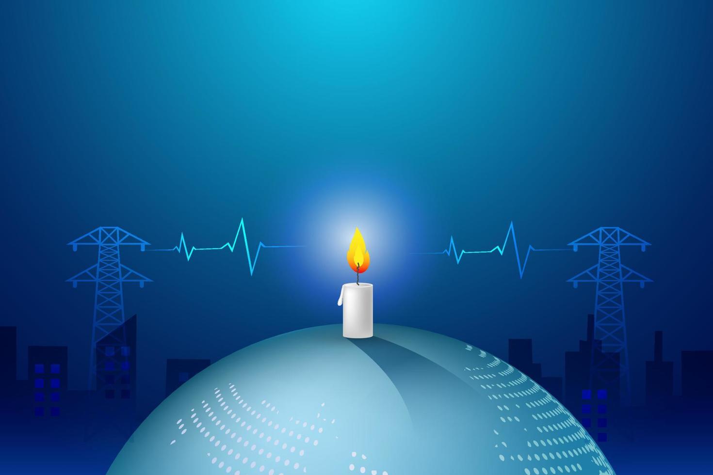 crise energética, escassez e demanda de energia elétrica. iluminação de velas no globo com ecg ekg saúde médica representa crítica e escassez de energia. vetor